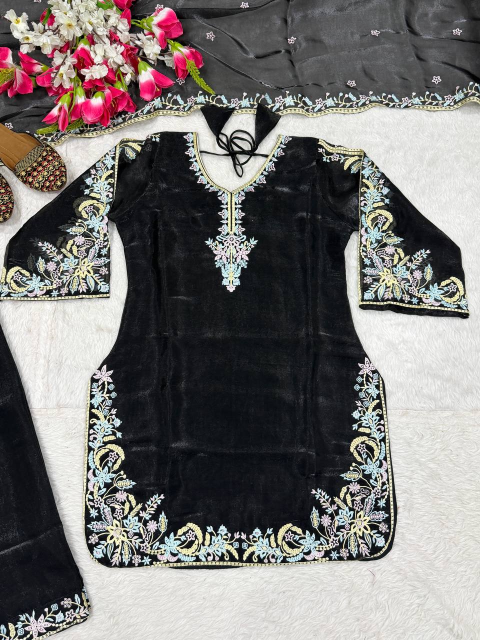 Deep Obsidian Floral-Embroidered Couture